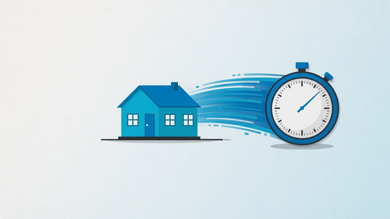 Ilustración: una casa con estela de velocidad y un cronómetro