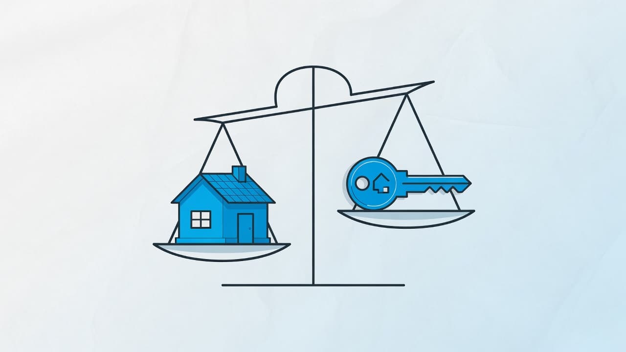 Ilustración: balanza con una casa en un platillo y una llave en el otro