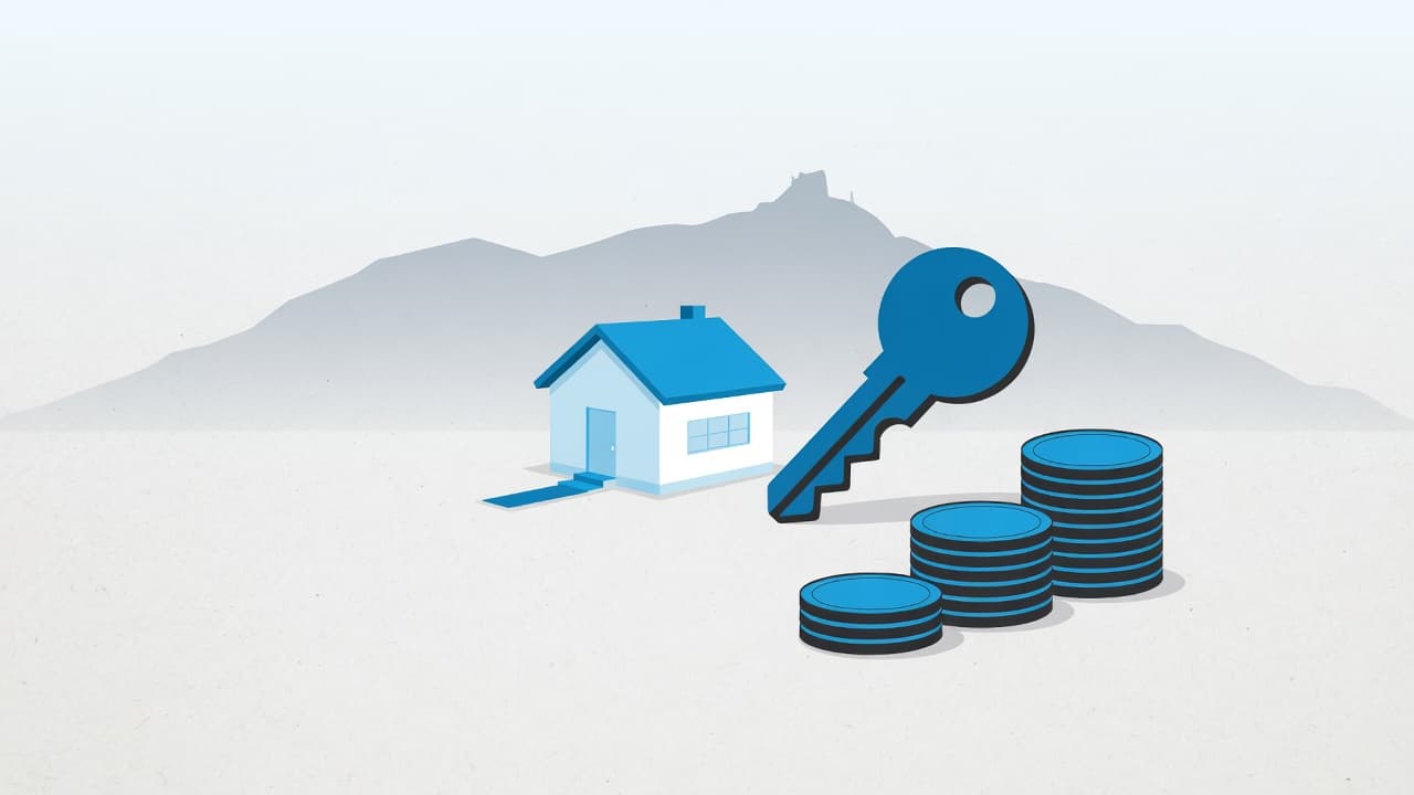 Ilustración: casa, llave y monedas, con El Ávila al fondo