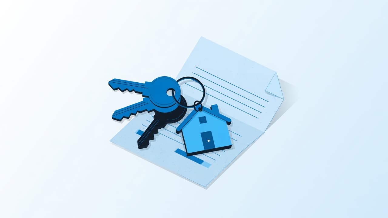 Ilustración: llaves con llavero en forma de casa sobre un contrato doblado