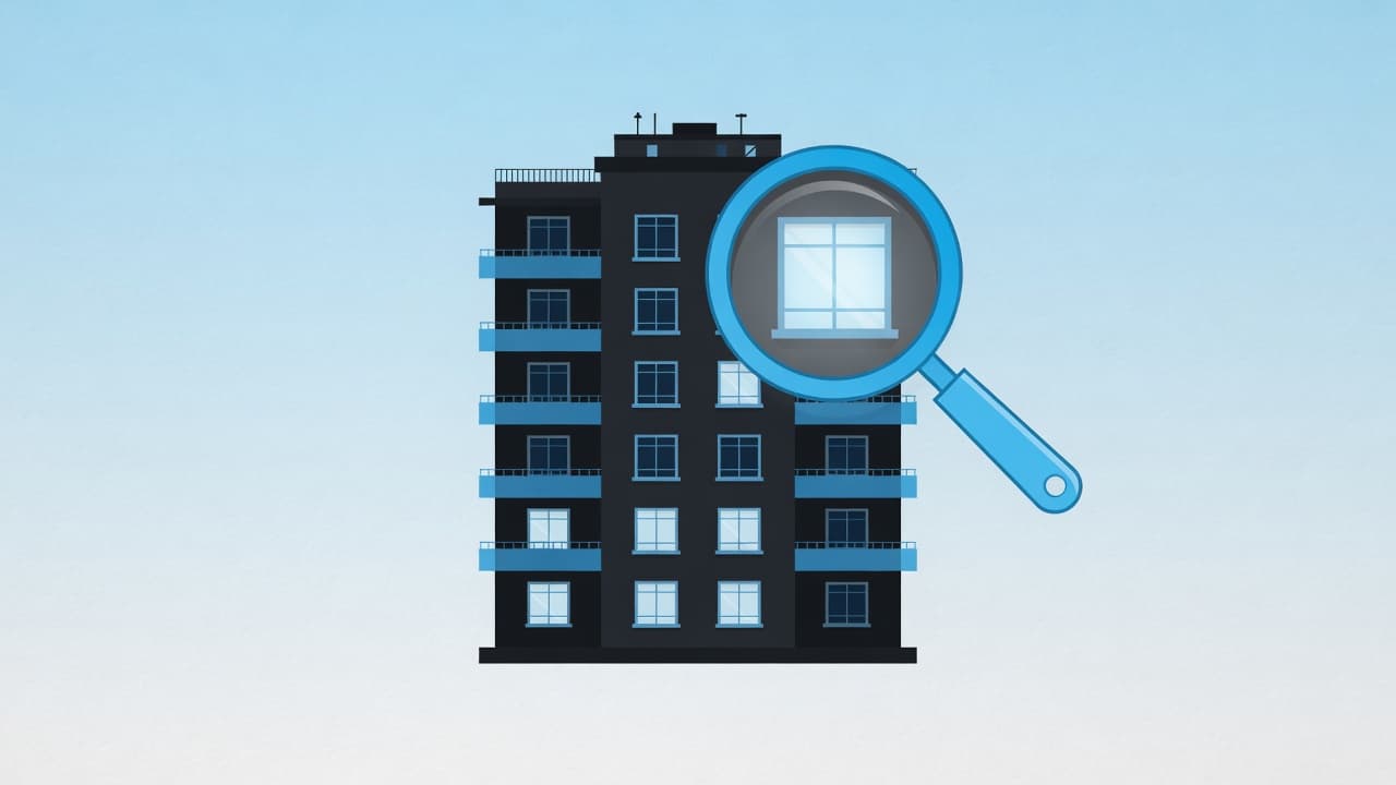 Ilustración: edificio de apartamentos con una lupa sobre una ventana iluminada