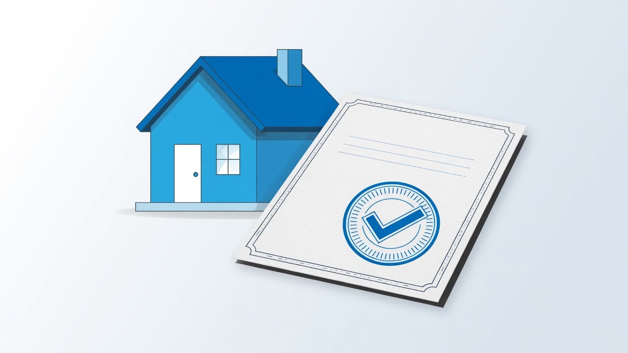 Ilustración: una casa junto a un certificado con sello de visto bueno