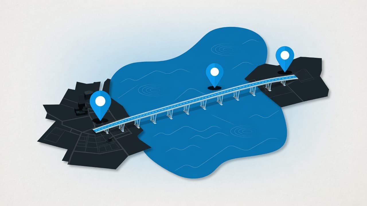 Ilustración: mapa con pines y el puente sobre el Lago de Maracaibo