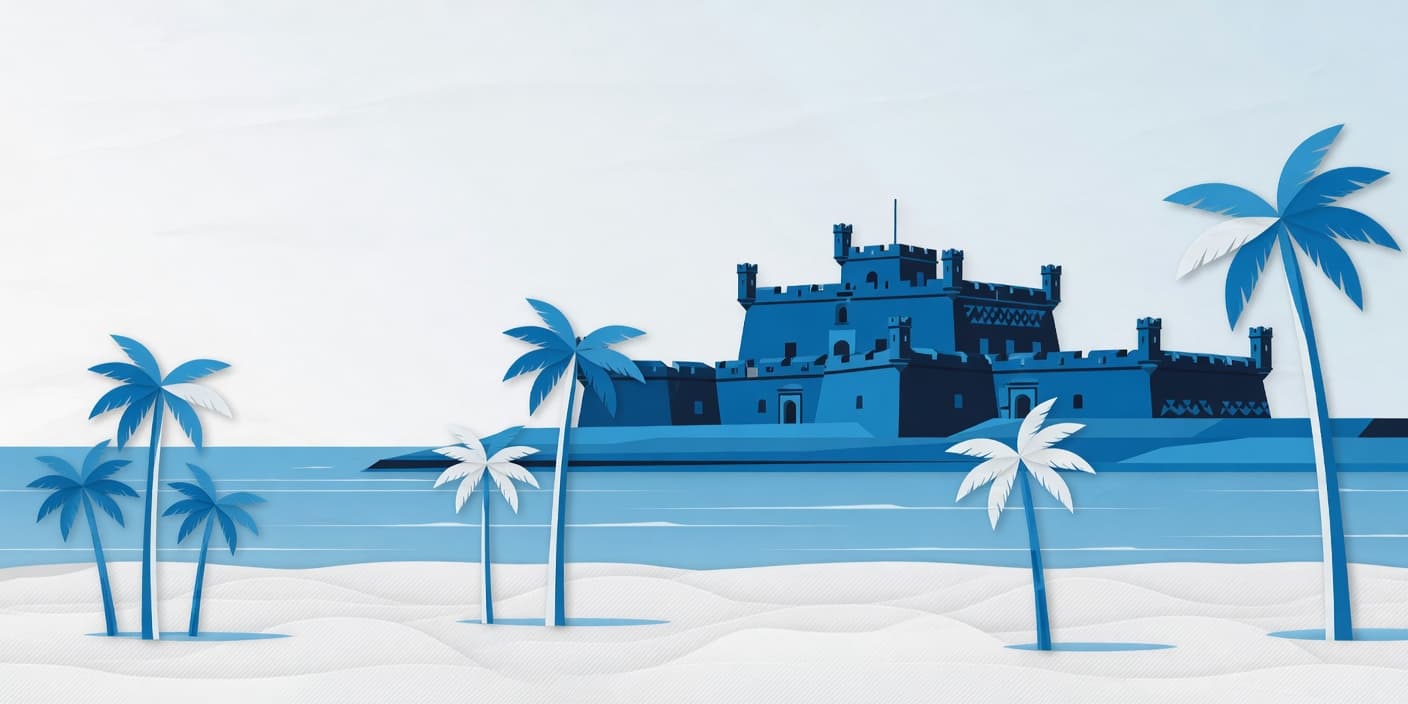 Ilustración: playa con palmeras y el Castillo de Pampatar