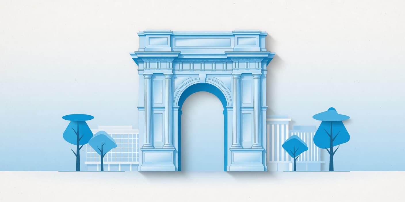 Ilustración: Arco de Carabobo entre edificios y árboles